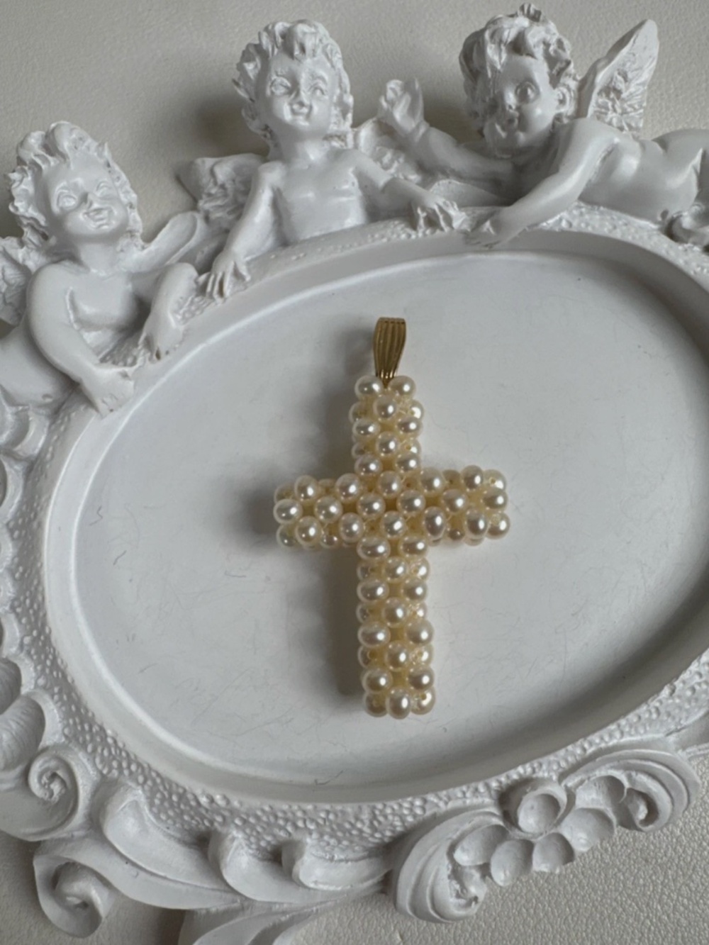 Freshwater Woven Seed Pearl Cross Pendant Necklace 14K 1/20 GF Gold Bail 2" EUC